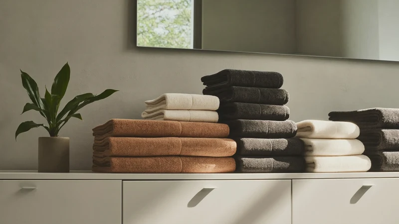 Regal im Tageslicht mit gefalteten Handtüchern in Clay, Creme und Anthrazit neben einer Zimmerpflanze